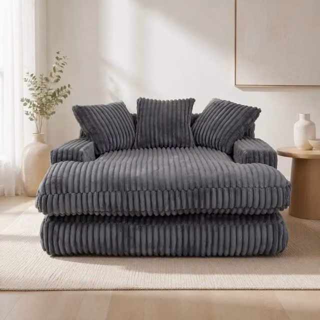 Poltrona da interno MIVRAY in tessuto a coste grigio con braccioli e imbottitura in schiuma, L: 130 cm, P: 63 cm, H: 76 cm
