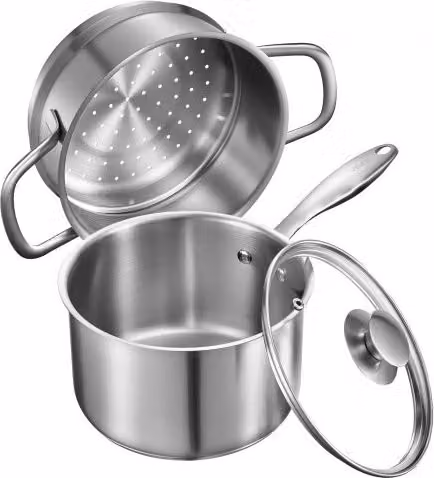Casseruola da cucina VEVOR in acciaio inox e alluminio color argento con coperchio in vetro, capacità 2,37 l