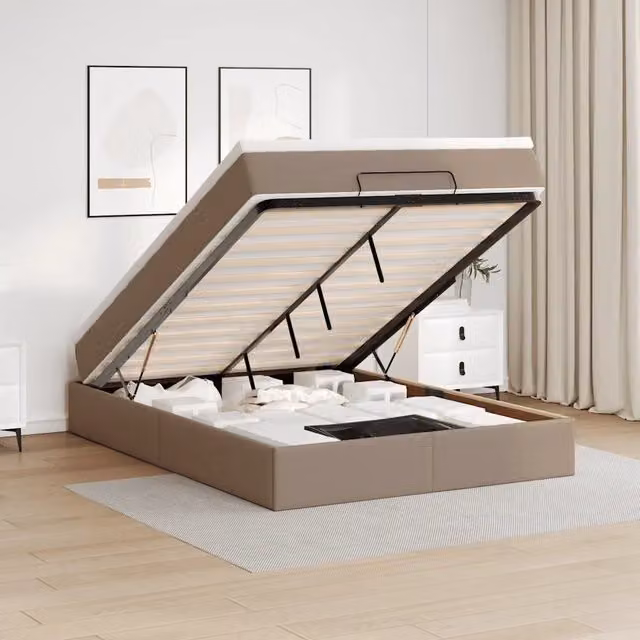 Letto con contenitore a sollevamento vidaXL in similpelle beige e bianco con materasso L/P: 140 x 190 cm