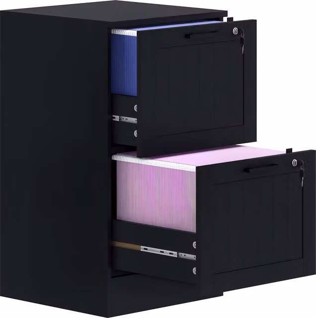 Mobiletto da ufficio HOMCOM in legno nero con 2 cassetti con serratura e barre di sospensione regolabili, L 40 x P 40 x H 71 cm – 1