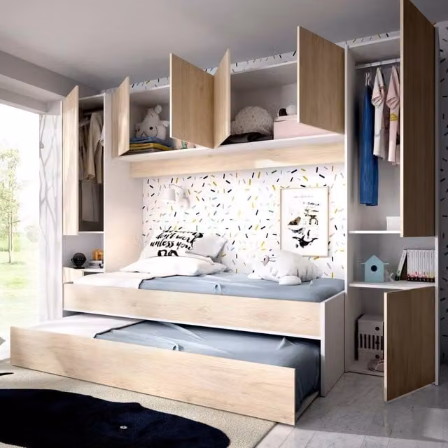 Composizione cameretta per bambini Giustizia DMORA con letto, lettino singolo estraibile, armadio a ponte e cassettone, Rovere e Bianco, L: 303 cm, H: 203 cm, P: 97 cm
