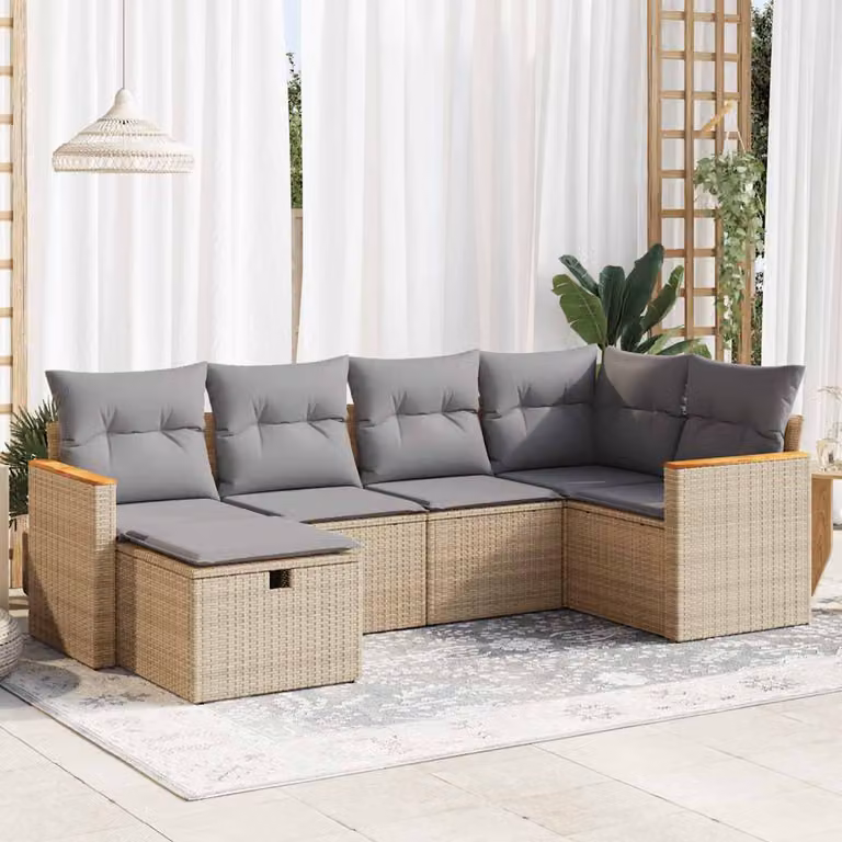 Set Divano da Giardino vidaXL 6 pz in Polyrattan con Cuscini Beige e Grigio a Forma di L