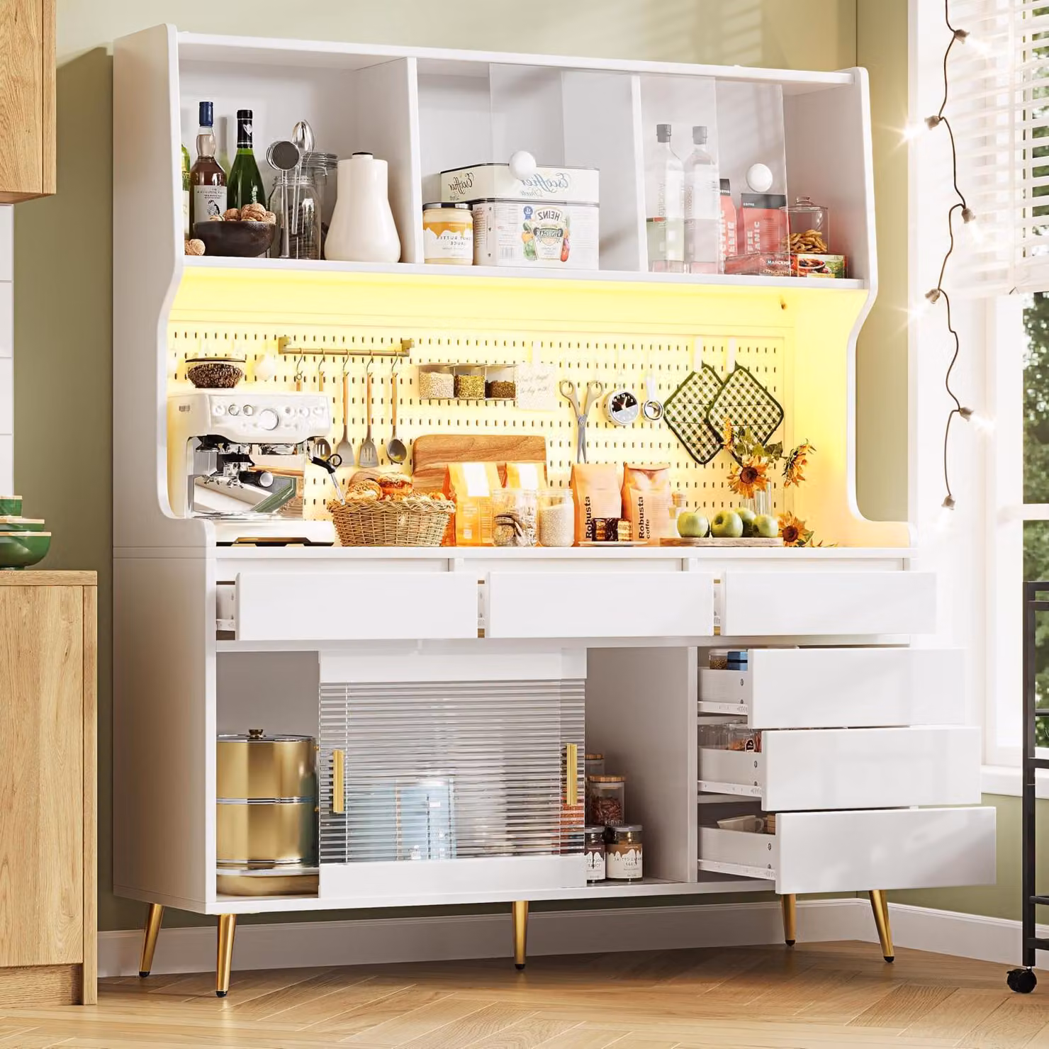 Armadio alto da cucina con illuminazione a LED e piano di lavoro, dimensioni 145x39x171 cm, colore bianco
