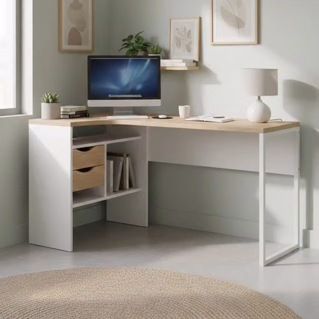 Scrivania Moire DMORA per ufficio e casa, tavolo moderno porta PC in bianco e rovere, L 145 cm x P 81 cm x H 77 cm – 1