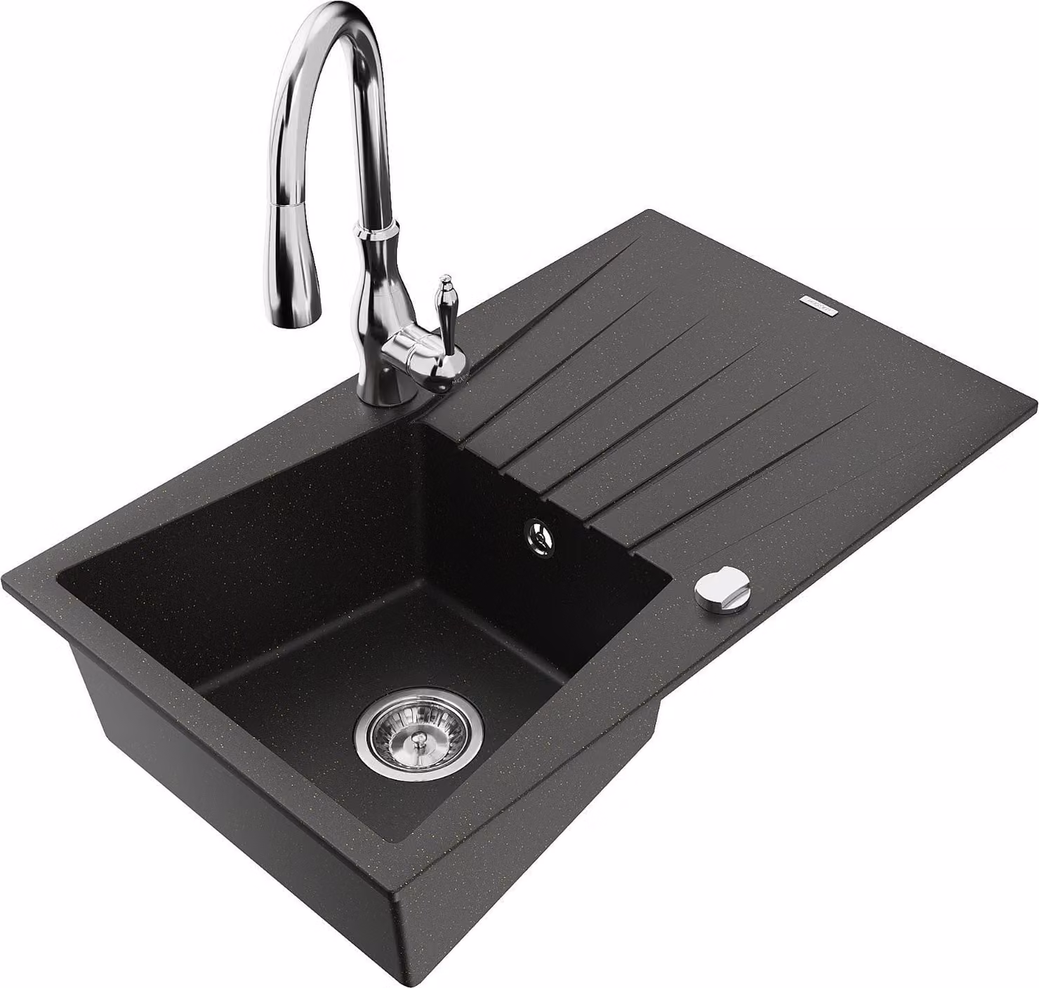 Mexen Cesar lavello in granito a 1 vasca con scolapiatti e rubinetto da cucina Savita, nero/oro metallizzato - 6514-75-672601-00