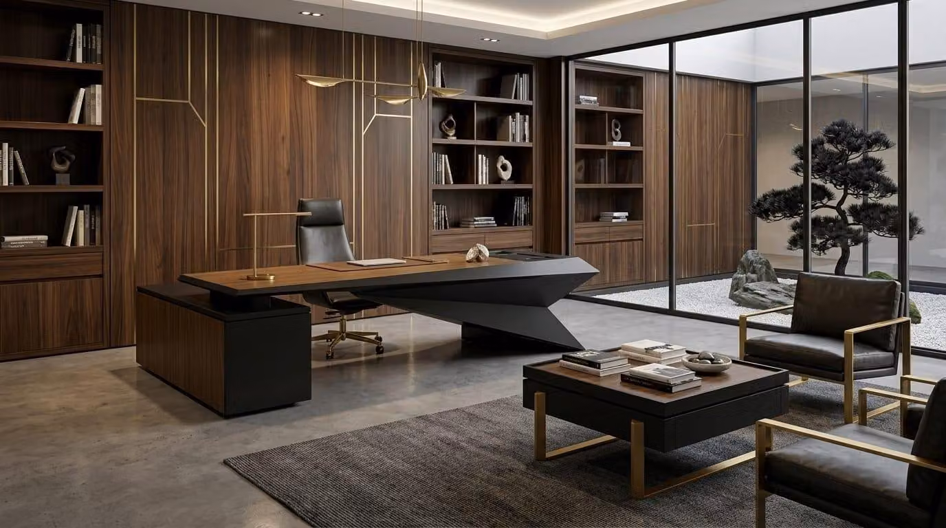 Set da ufficio esecutivo: scrivania, tavolino, design ambiente di lavoro