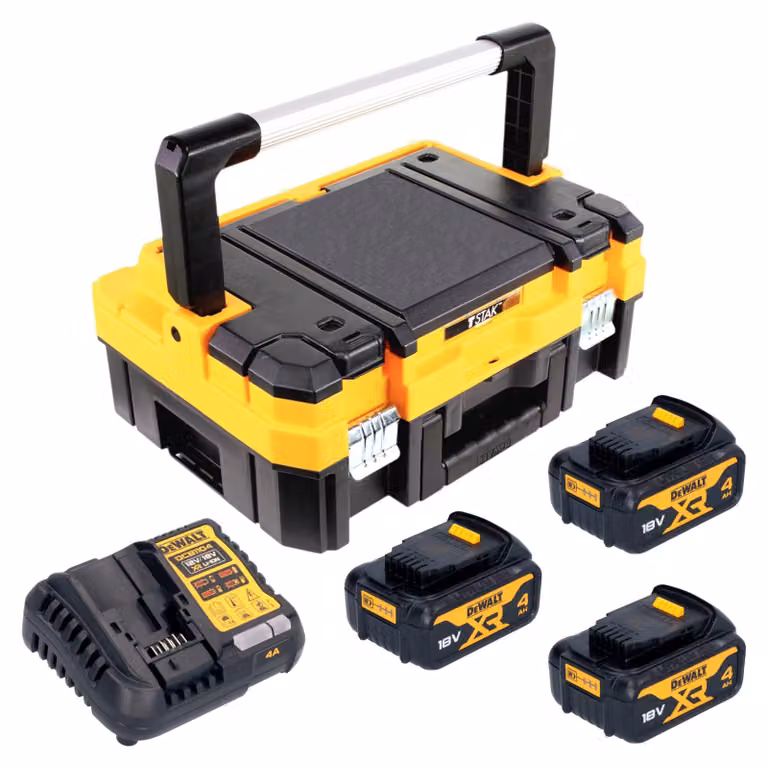 Set iniziale a batteria DeWalt DCB 1104 M3T da 18 V con 3 batterie da 4,0 Ah + caricabatterie DCB 1104 + TSTAK