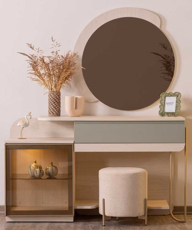 Set da camera da letto con toletta, specchio e sgabello in stile moderno, colore beige