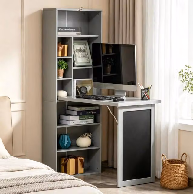 Scrivania pieghevole da parete con mensola e lavagna in MDF e legno di pino, 98x51x153 cm, colore grigio scuro e nero