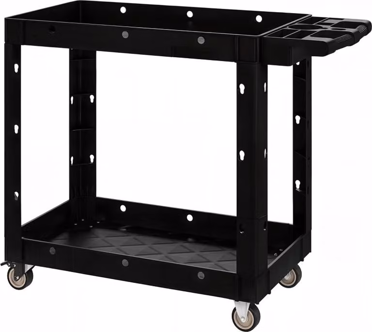 Carrello da officina a 2 ripiani, carrello portautensili con maniglia laterale e fori per ganci; carrello da officina per garage e magazzino, portata massima 227 kg, nero