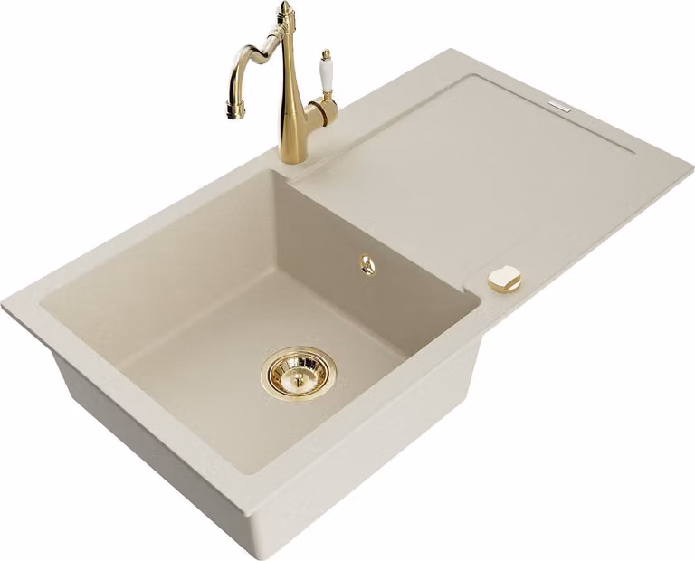 Mexen Leo lavello in granito 1-vasca con scolapiatti e miscelatore cucina Carla, beige - 6501-69-670700-50