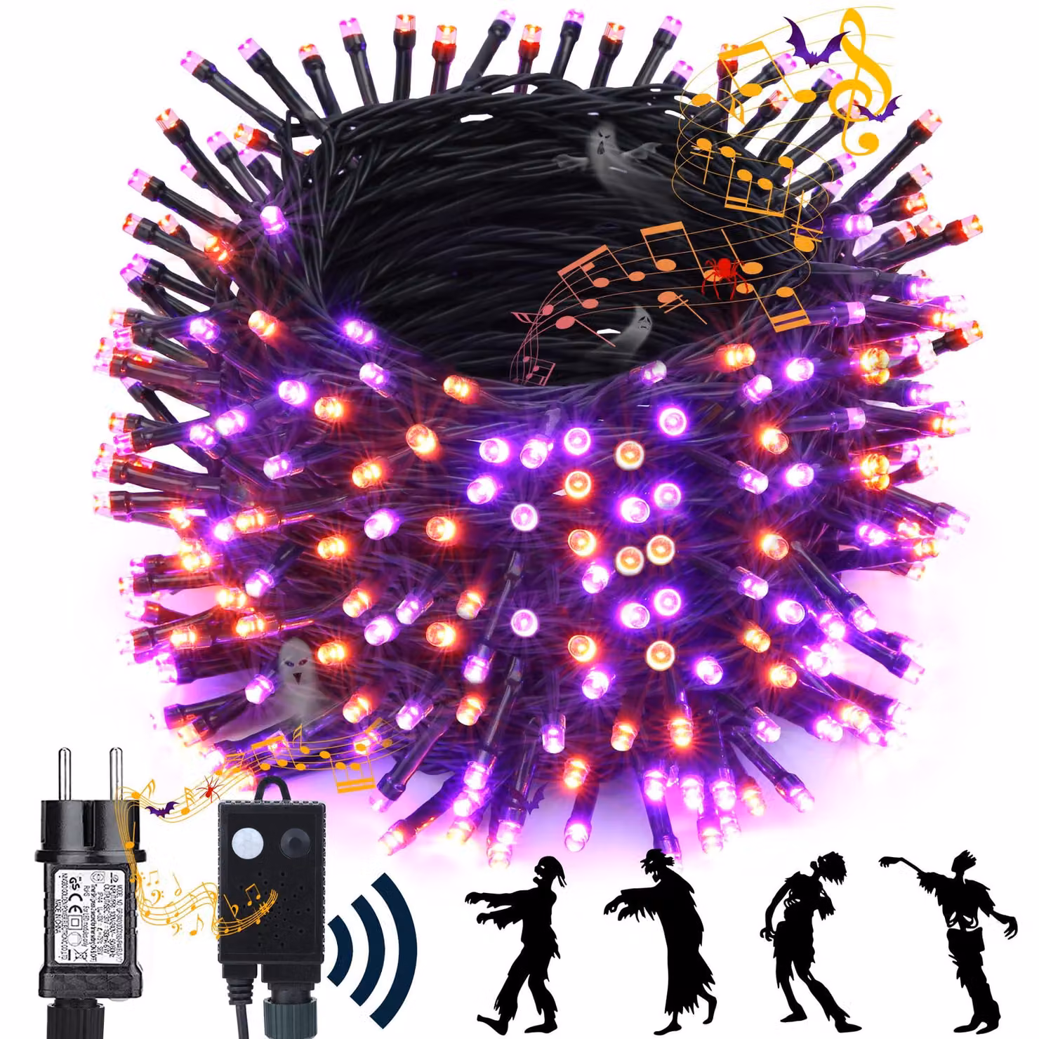 Catena luminosa a tema Halloween, 20 metri, 200 LED, color lilla/arancione, con sensore di movimento, grado di protezione IP44