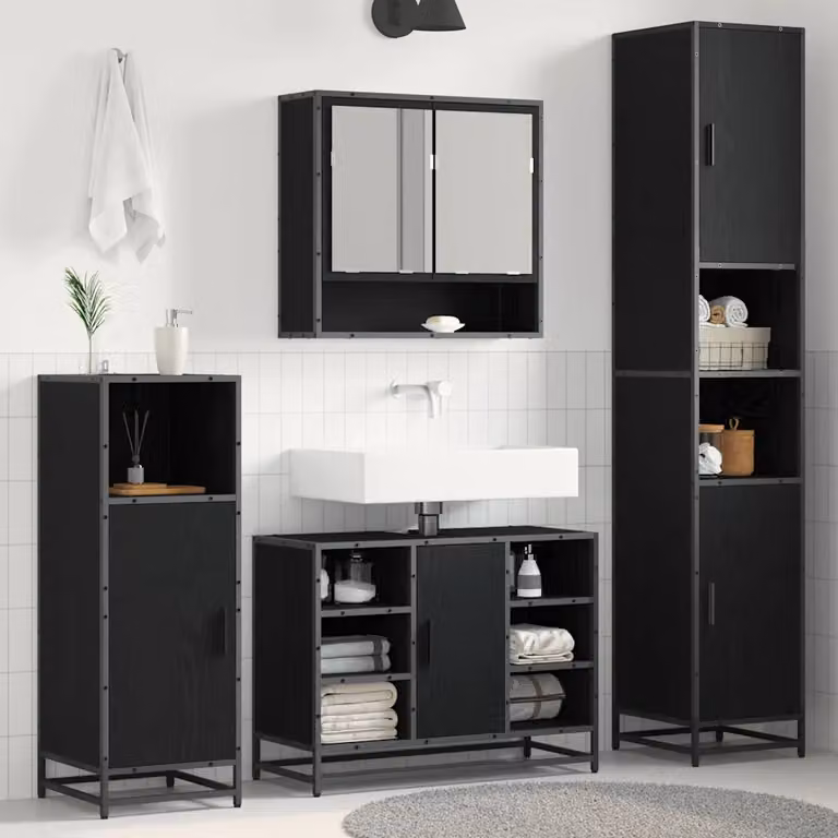 vidaXL Mobile per il bagno moderna in legno e metallo, colore nero, L: 35 cm, P: 37,5 cm, H: 188,5 cm