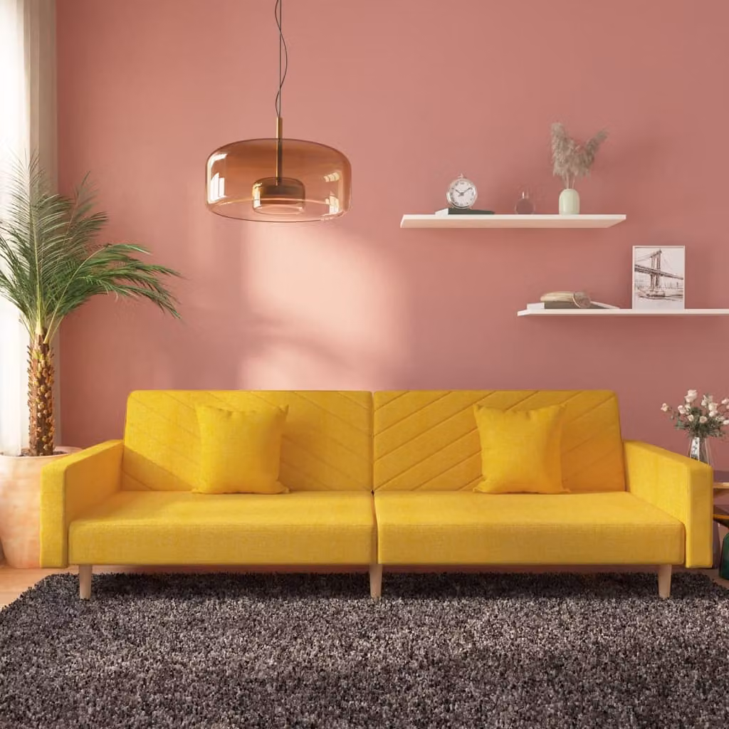 vidaXL Divano Letto Click-Clack a 2 Posti in Tessuto Giallo con Cuscini e Struttura in Legno Massello