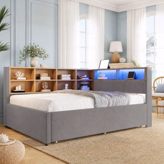 Divano letto in flanella 140 x 200 cm con letto estraibile, LED, prese e vani
