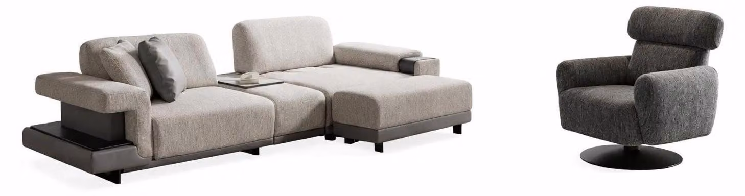 Set da salotto moderno: divano ad angolo a L, set di design in stile minimalista