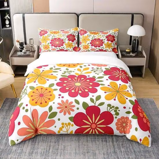 Copripiumino Ibenzoa® in cotone 100%, con motivo floreale colorato – stile bohémien chic, morbido e traspirante, chiusura a zip nascosta e angoli con laccetti