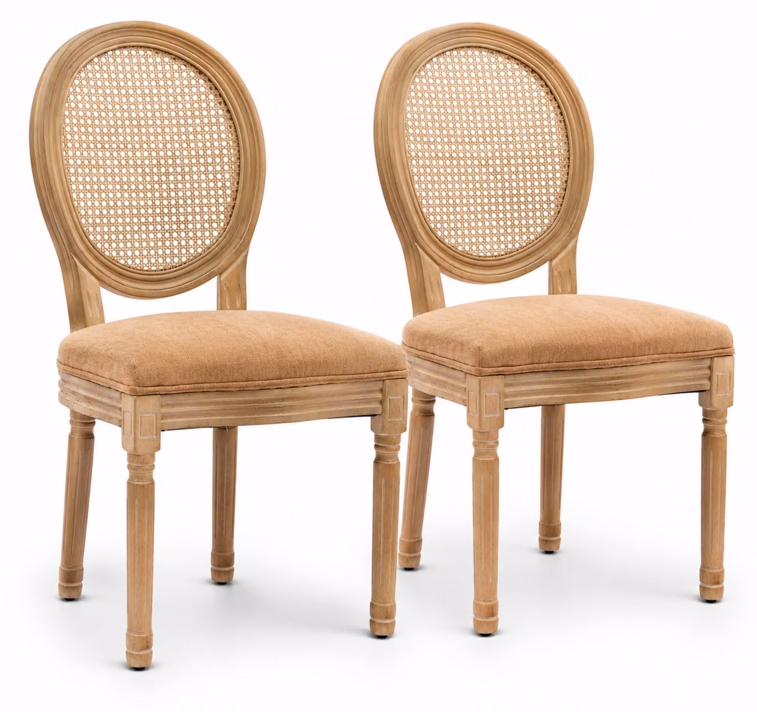 Set di 2 sedie da pranzo in lino, con schienale ovale in rattan e struttura in legno di gomma, color marrone chiaro