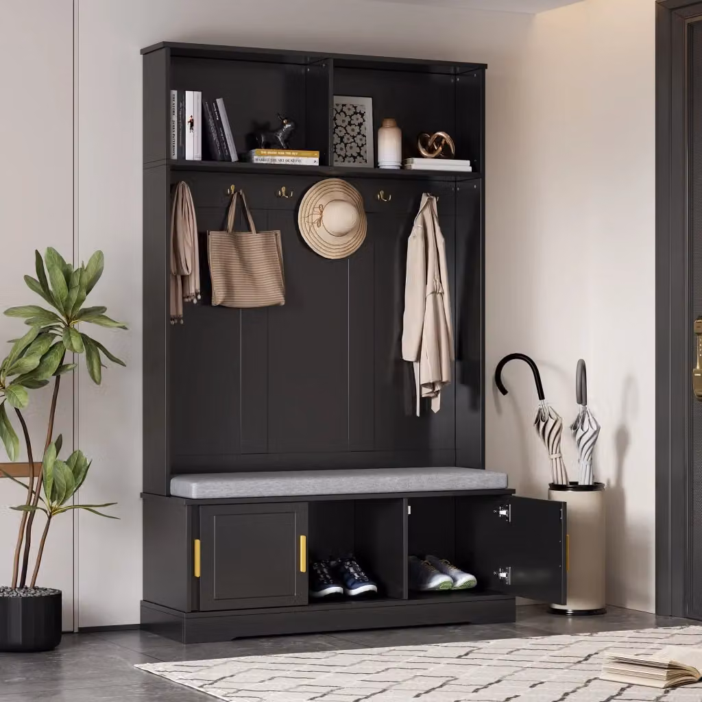 Mobile da ingresso OKWISH con panca scarpiera, 6 ganci tripli e ripiano aperto, nero opaco, L/P/H: 120 x 40 x 191 cm – 2