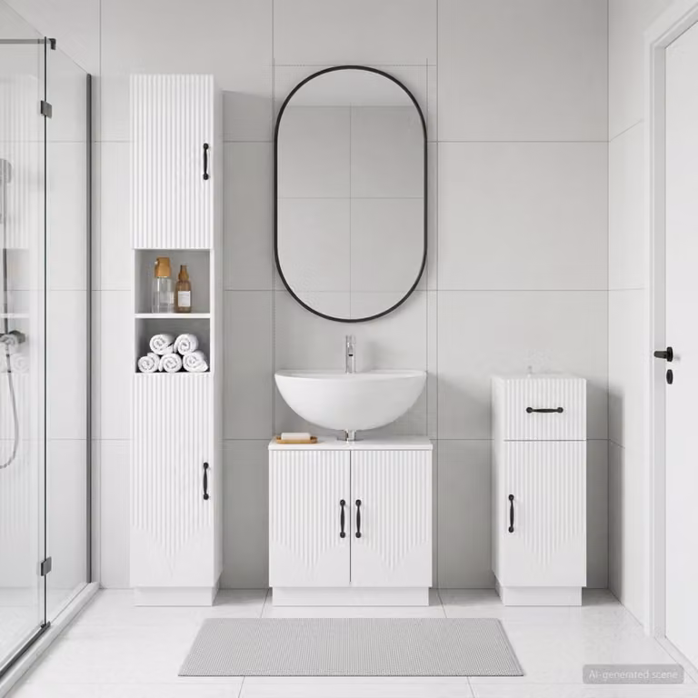 Set di armadietti da bagno moderni vidaXL HOORN in 3 pezzi, Bianco Lucido, con mobile lavabo, colonna e mobile laterale