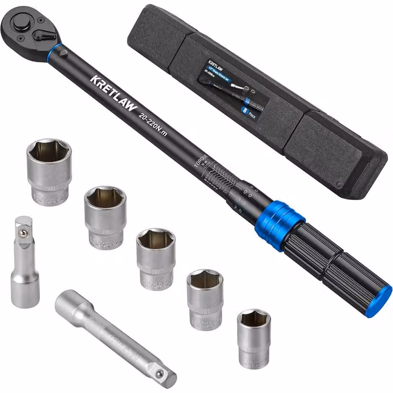 Set di chiavi dinamometriche da 8 pezzi, 1/2", 20-220 Nm, con prolunghe e bussole, per auto, moto e camion