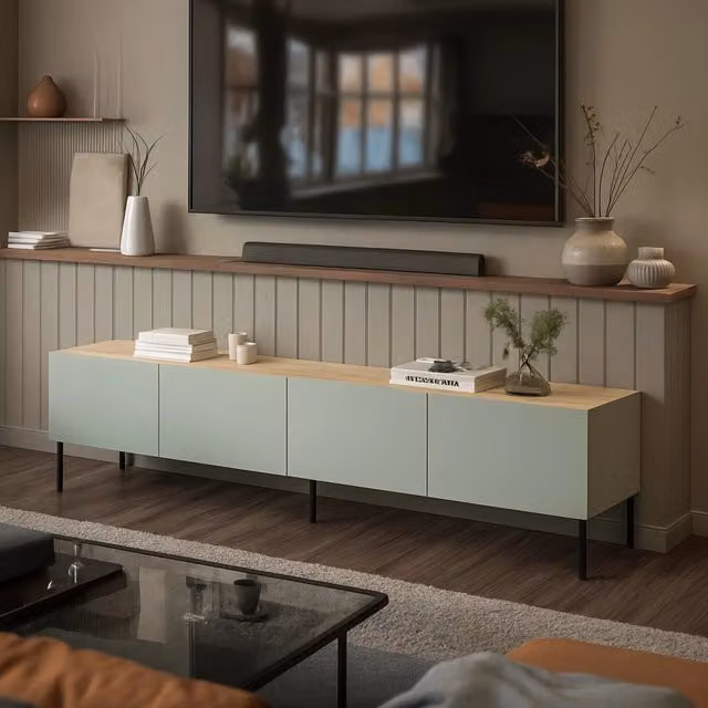 Mobile porta TV moderno DMORA con un ripiano, colore verde, L 200 cm x P 40 cm x H 52 cm