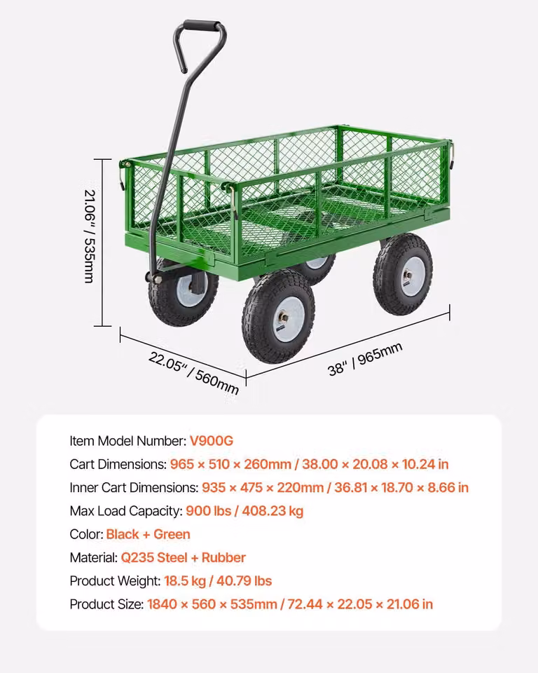 Carrello da giardino - Carrello per giardinaggio - Robusto - Capacità di carico: 900 lb - Design 2-in-1: piano di carico e struttura a rete