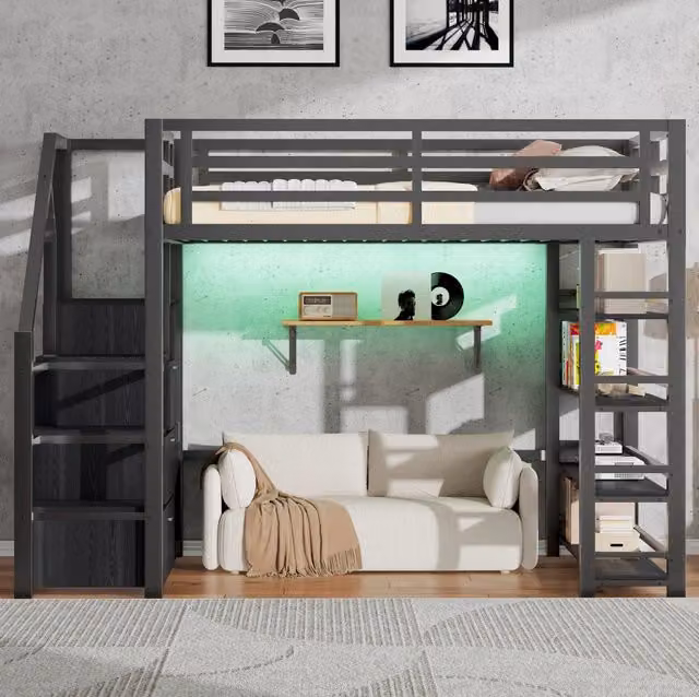 Letto a soppalco in metallo 140x200 cm con ripiani, armadio, scaletta contenitore e illuminazione LED, nero