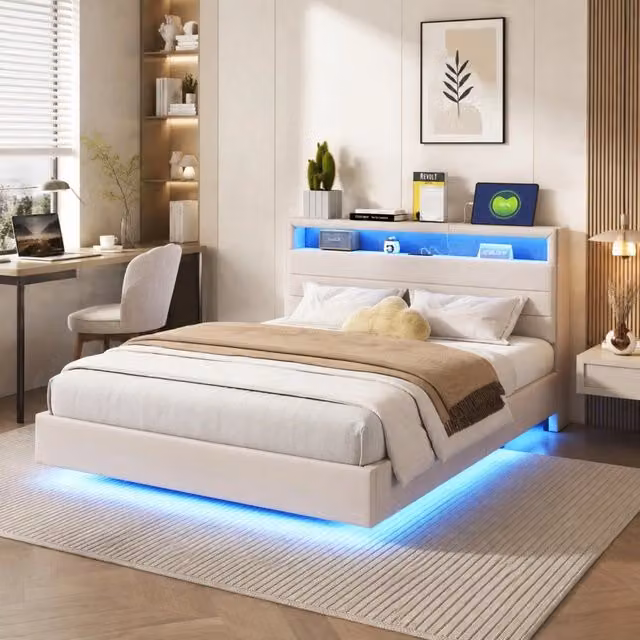 Letto imbottito 140x200 cm beige in tessuto, USB e luci LED