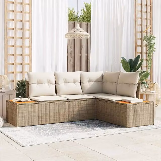 Set Divano da Giardino a L vidaXL Beige con Cuscini e Tavolino da Esterno in Rattan e Metallo