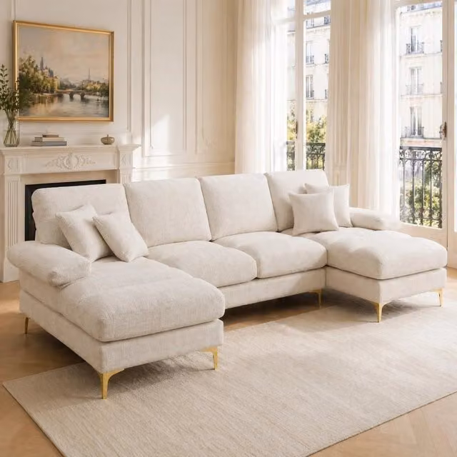 Divano componibile a U in ciniglia beige con 2 chaise longue; 272 x 136 x 88 cm