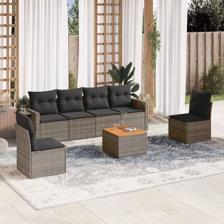 Set di divani da giardino vidaXL in 7 pezzi in polyrattan grigio con cuscini e tavolino da esterno