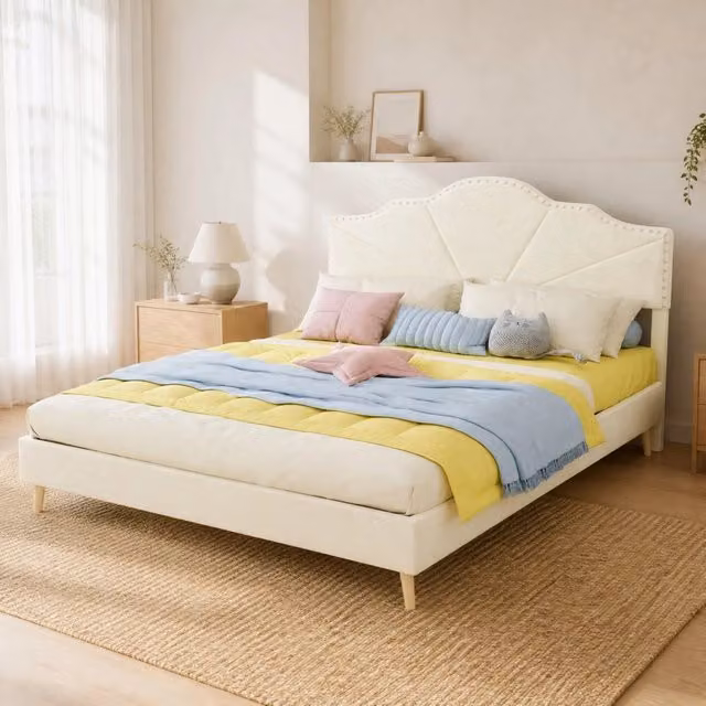 Letto imbottito Mivray con testiera geometrica in tessuto beige L/P/H: 160 x 200 cm