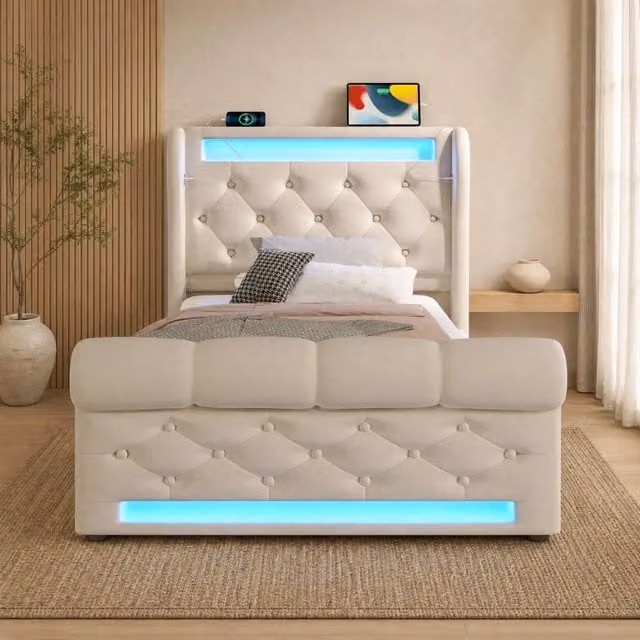Letto singolo imbottito beige 90x200 cm con luci LED integrate e stazioni di ricarica USB e Type-C, contenitore con apertura idraulica, rivestimento in velluto