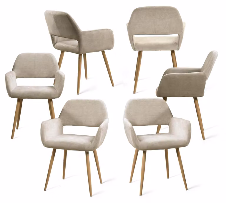Set di 6 sedie da pranzo, imbottite, con braccioli, rivestite in tessuto beige, dimensioni 56x56x78 cm