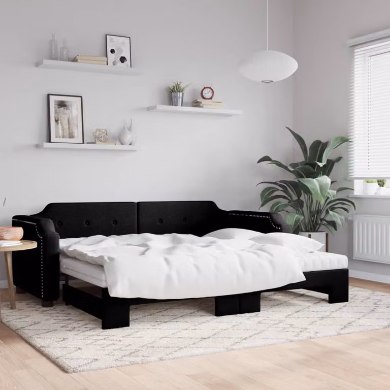 vidaXL Divano Letto Estraibile con Materassi in Tessuto Nero L: 223 cm, P: 110 cm, H: 66,5 cm