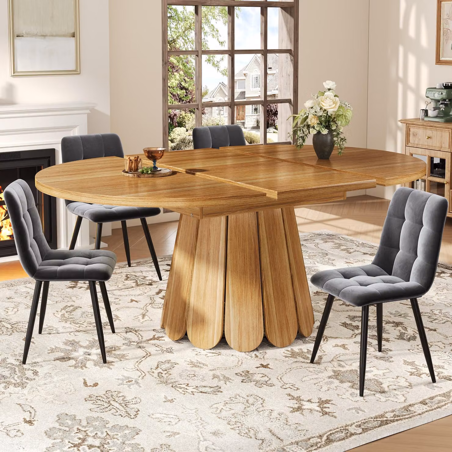 MODFU, tavolo da pranzo ovale con listelli in legno e gamba in metallo, comodino con piano allungabile, per un massimo di 6 persone, colore marrone