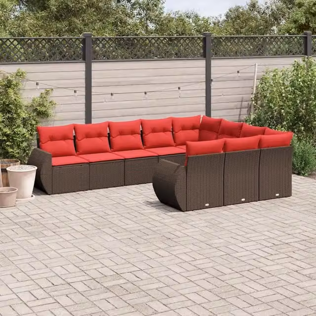 Set Divani da Giardino 10 pz con Cuscini Marrone in Polyrattan 3221893