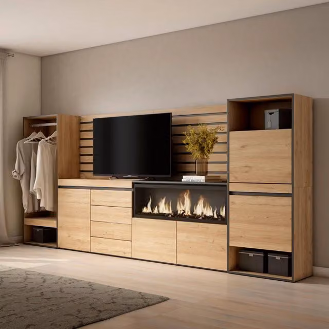 Credenza Skraut Home con Camino Elettrico XXL e Armadio Aperto, Colore Rovere, L: 334 cm, P: 35 cm, H: 145 cm – 1