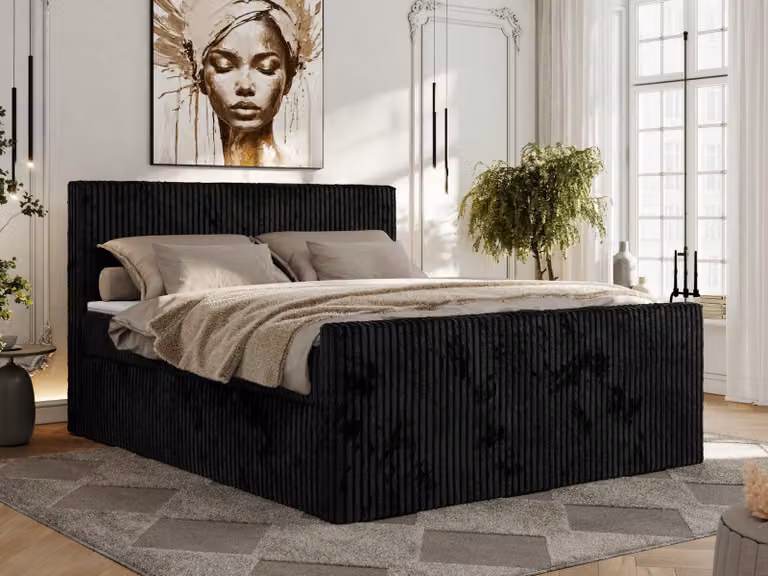 Letto continentale con contenitore per biancheria da letto TILIANO DUO 140x200 Rigido H4 - Topper T25, Nero - tessuto manicotto