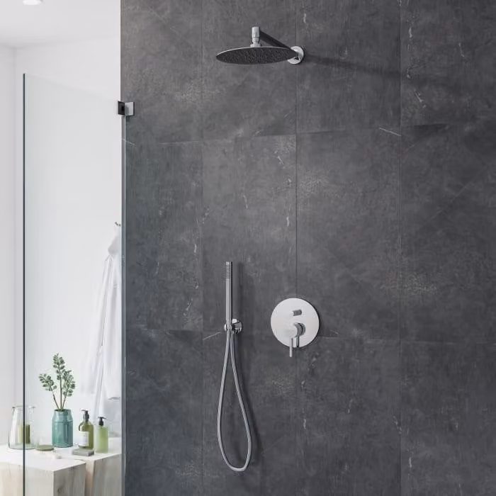 Sistema doccia a incasso Kronenbach AQA 2.0, miscelatore monocomando con deviatore, modello rotondo