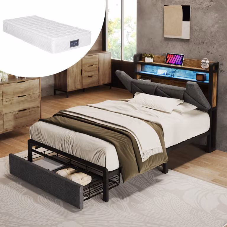 Letto imbottito STILVORA, 90x200 cm, singola, con porta USB e Type-C, illuminazione LED e cassetti, testiera contenitore, grigio (con materasso)