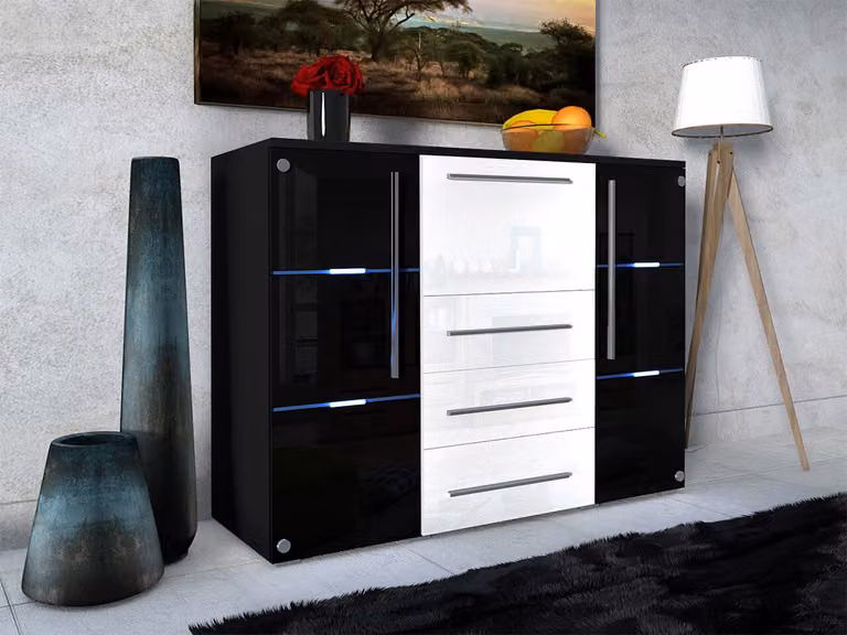 Cassettiera combinata con illuminazione a LED ANTRIM – nero / nero lucido / bianco lucido