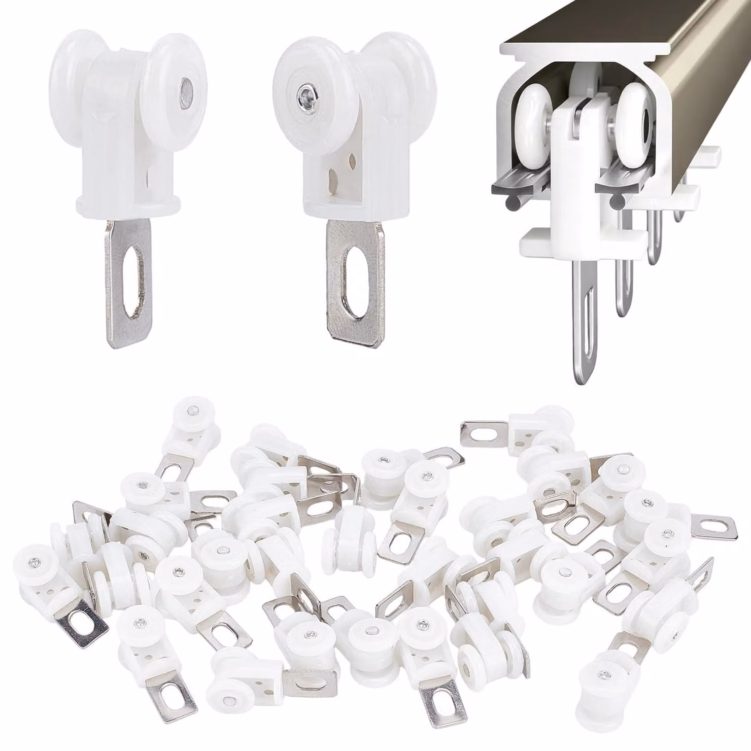 50 cursori per tende, con ganci scorrevoli, in plastica/metallo, colore bianco