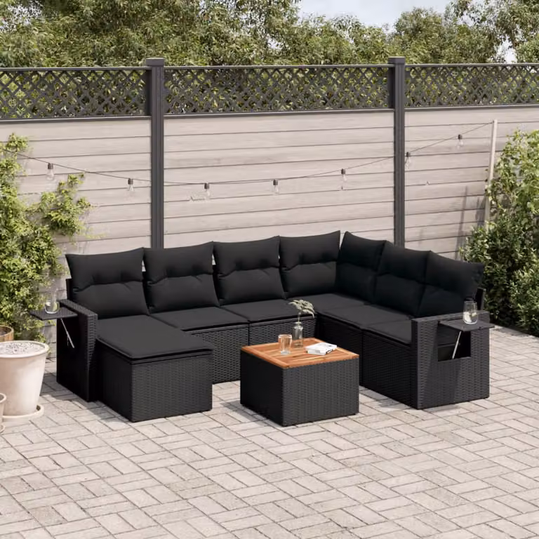 Set di Divani da Giardino a L vidaXL in Polyrattan Nero con 8 Cuscini e Tavolino