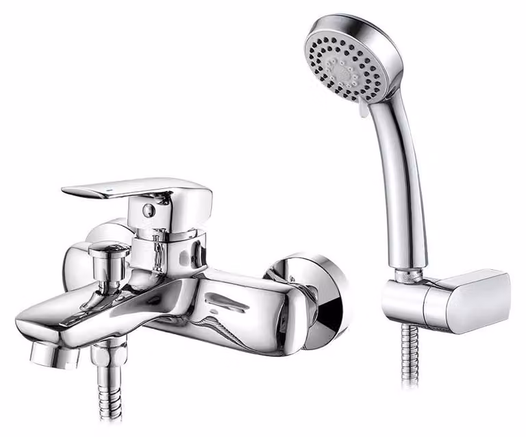 Miscelatore monocomando per bagno, da montare a parete, in ottone, cromato, con set doccia