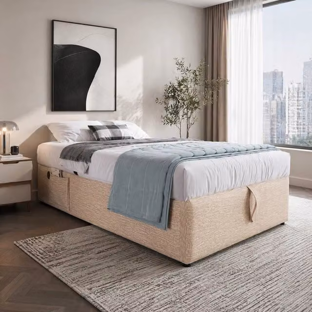 Letto 90x200 cm con contenitore idraulico USB e USB-C senza testiera in lino beige