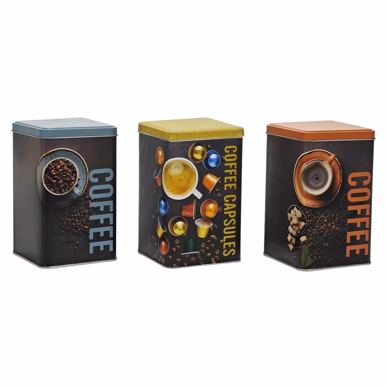 GUSTO CASA - Contenitore porta capsule caffè in latta multicolore con coperchio, H 17 x L 10,5 x P 10,5 cm