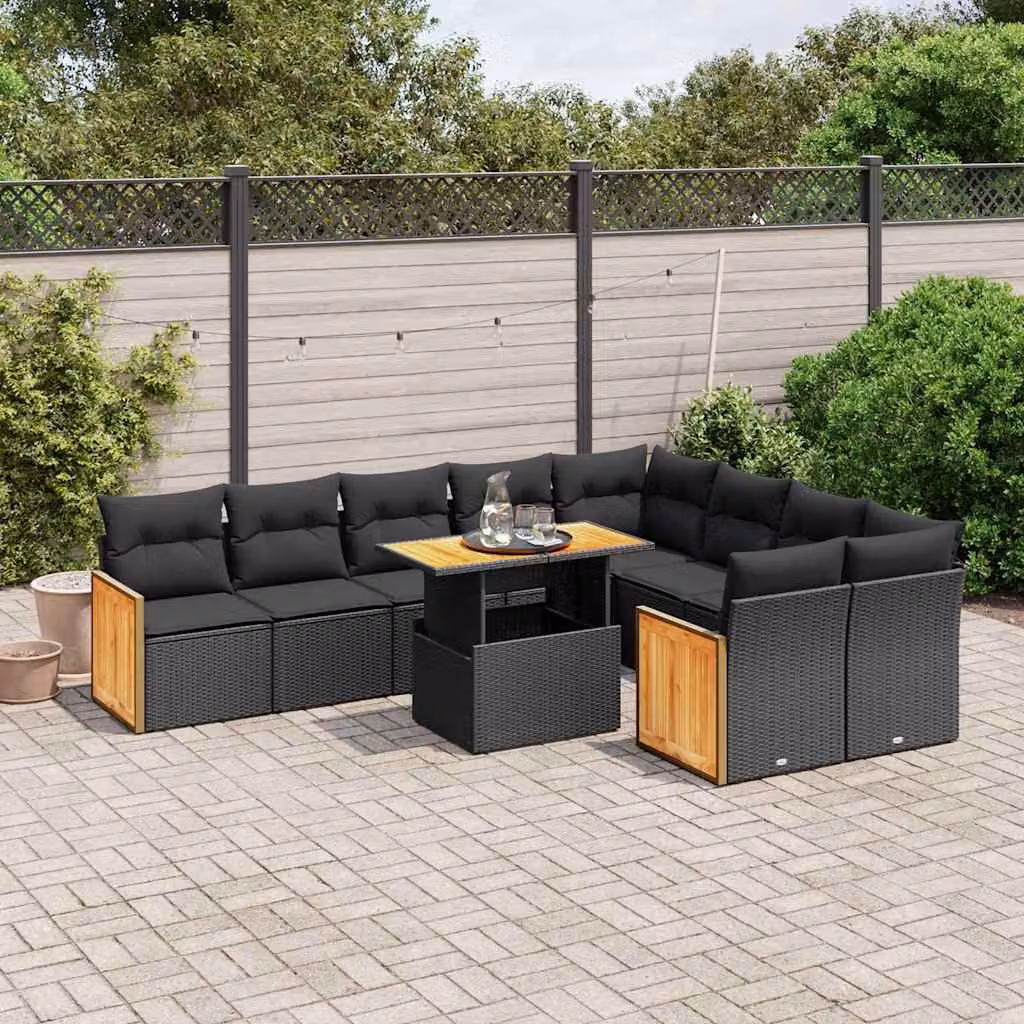 vidaXL Set Divani da Giardino 10pz in Polyrattan Nero con Cuscini e Tavolino da Esterno – 1