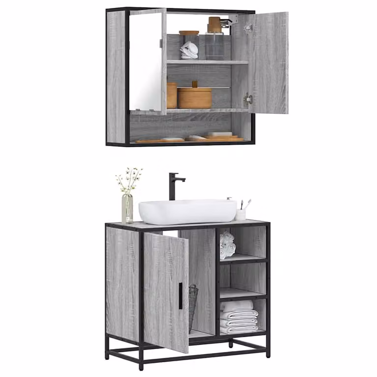 Set Mobili da Bagno 2 pz vidaXL in Stile Industrial Grigio con Armadietto Specchio e Mobile Lavabo